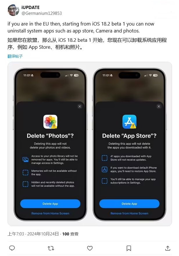 爱辉苹果手机维修分享iOS 18.2 支持删除 App Store 应用商店 