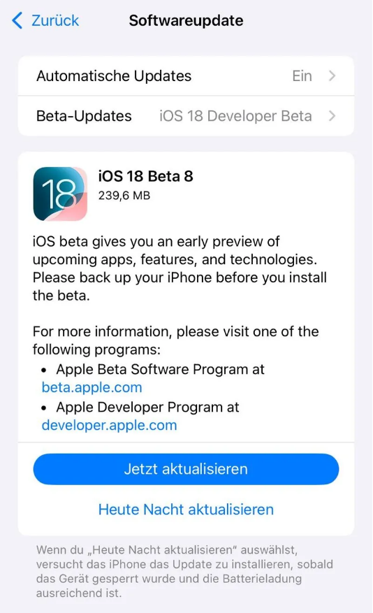 爱辉苹果手机维修分享苹果 iOS / iPadOS 18 开发者预览版 Beta 8 发布 